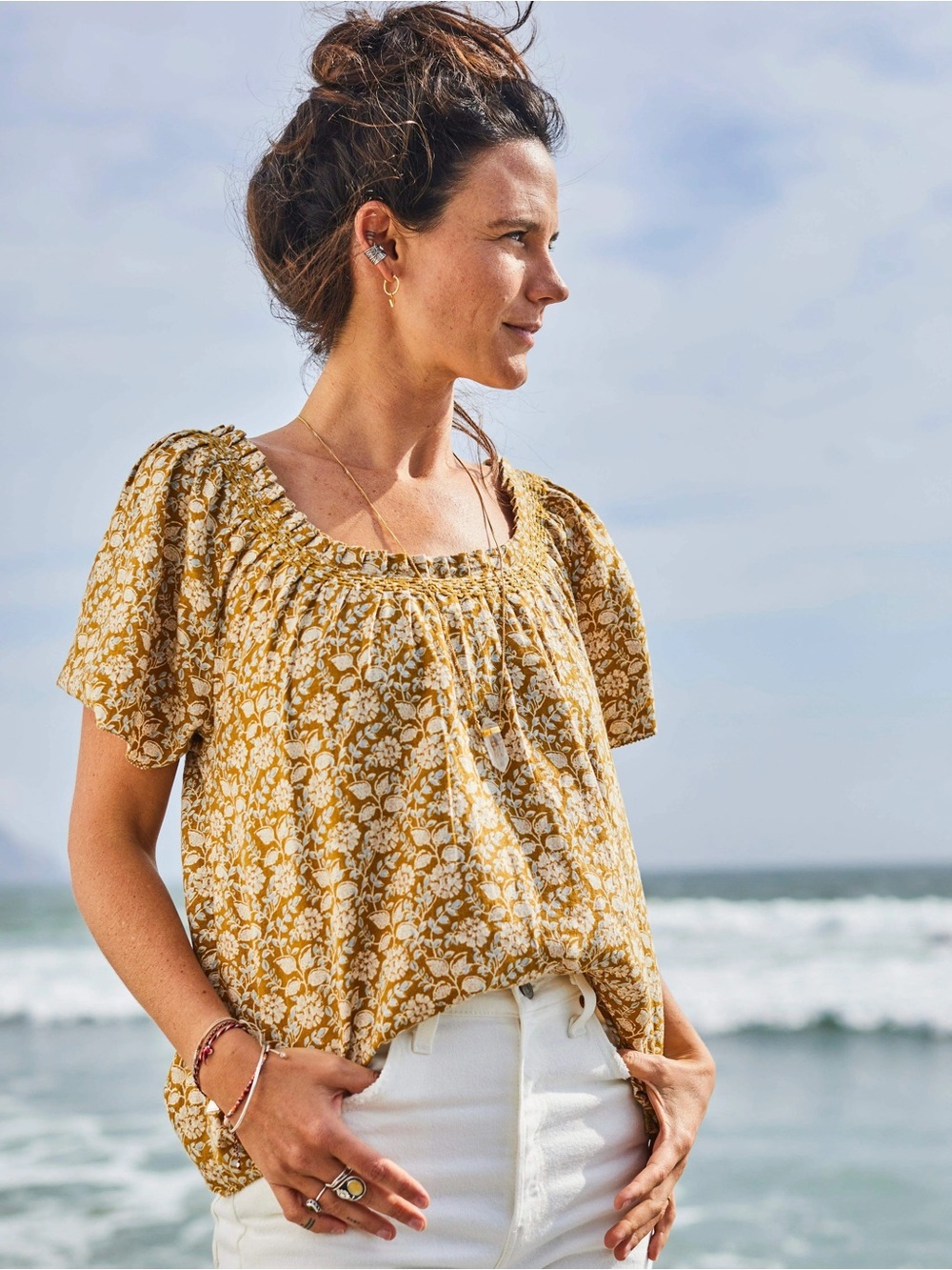 Faherty Annabelle Top - Golden Theodora Floral Linen Blouse Size XS